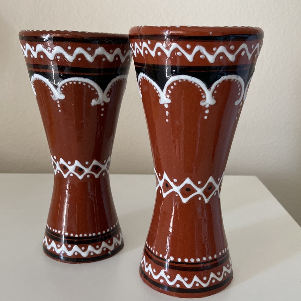 Handmade Pottery Drinking Glasses Portugal Decorative Drink Ware Vases Pair New